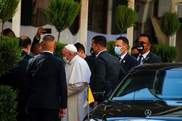 Pope Francis arrives to meet with Iraq's top Shiite cleric, Ayatollah Ali Al Sistani, in Najaf on March 6, 2021. Reuters