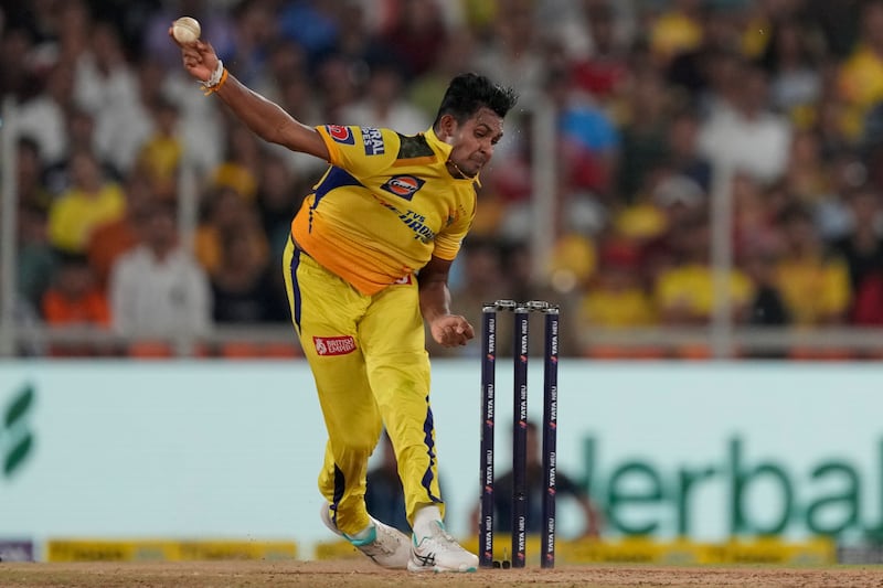 Chennai Super Kings' Matheesha Pathiranatook two wickets for 44 runs off his four overs, including the scalps of Sai Sudharsan and Rashid Khan. AP 