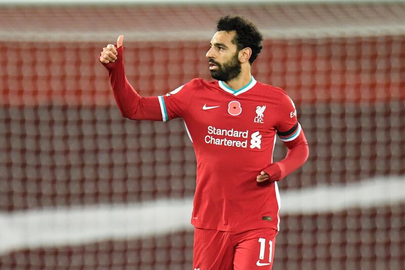 Mohamed Salah celebrates after scoring the equalising goal for Liverpool. AP