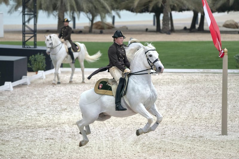 ABU DHABI, UNITED ARAB EMIRATES - March 23, 2019: A rider from the Spanish Riding School of Vienna, performs during a live equestrian show at Emirates Palace.

( Mohamed Al Hammadi / Ministry of Presidential Affairs )
---