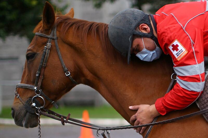 Abraham Gajon, 31, a paramedic and patient, caresses a horse named "Linda" during equine therapy sessions for healthcare workers suffering from stress and anxiety at Miguel Hidalgo's equestrian center in Mexico City, Mexico. Reuters