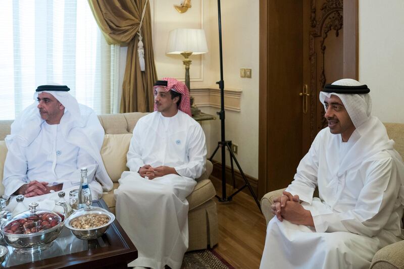 ABU DHABI, UNITED ARAB EMIRATES - September 10, 2018: (L-R) HH Lt General Sheikh Saif bin Zayed Al Nahyan, UAE Deputy Prime Minister and Minister of Interior, HH Sheikh Mansour bin Zayed Al Nahyan, UAE Deputy Prime Minister and Minister of Presidential Affairs and HH Sheikh Abdullah bin Zayed Al Nahyan, UAE Minister of Foreign Affairs and International Cooperation, attend a meeting with HM King Mohamed VI of Morocco (not shown), during a Sea Palace barza.

( Mohamed Al Hammadi / Crown Prince Court - Abu Dhabi )
---