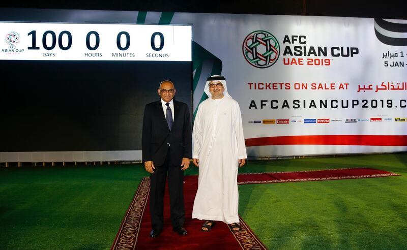 AFC general secretary Dato Windsor John and Aref Al Awani, secretary general of the Abu Dhabi Sports Council, at an event on Thursday to mark 100 days until the start of the 2019 Asian Cup in the UAE. Image courtesy of the Asian Cup 2019