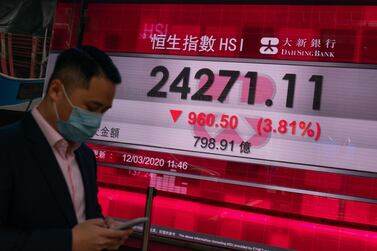 Pedestrians walk past an electronic sign displaying the Hang Seng Index on March 12, 2020 in Hong Kong, China. Hong Kong stocks fell along with global markets on Thursday. Getty Images