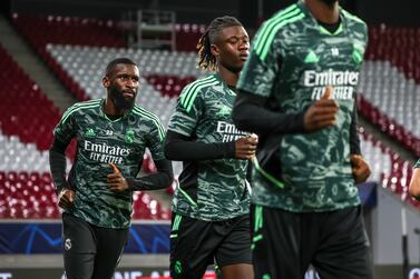 Real Madrid's Antonio Rüdiger, left, Eduardo Camavinga, center, and Aurelien Tchouameni take part in a training session at the Red Bull Arena Leipzig, Germany, Monday Oct.  24, 2022, ahead of their Champions League soccer match against RB Leipzig on Tuesday.  (Jan Woitas / dpa via AP)