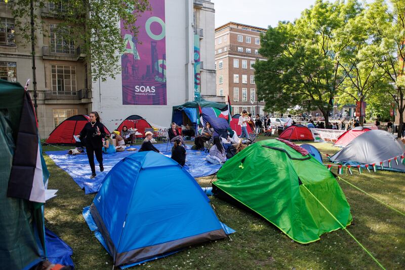A student encampment at the School of Oriental and African Studies (SOAS) at the University of London. EPA