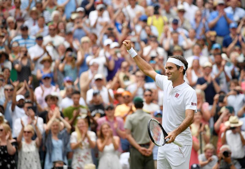 Tennis - Wimbledon - All England Lawn Tennis and Croquet Club, London, Britain - July 9, 2018. Switzerland's Roger Federer celebrates winning his fourth round match against France's Adrian Mannarino.  REUTERS/Toby Melville