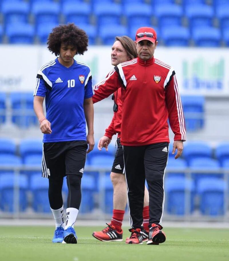 Omar Abdulrahman, left, was out to train at the CBus Super Stadium, south of Brisbane, Australia, after having not playing a match since he limped out of the Gulf Cup of Nations semi-final against Saudi Arabia on November 23. The UAE face Jordan in a friendly on December 30 in preparation for the Asian Cup. Courtesy UAE FA



