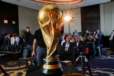 The Official FIFA World Cup Trophy is seen before a news conference in New York City, New York, U. S. , June 17, 2022.   REUTERS / Eduardo Munoz