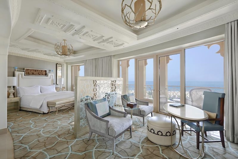 The deluxe room with sea view and balcony at Waldorf Astoria Ras Al Khaimah. Courtesy Waldorf Astoria Hotels & Resorts