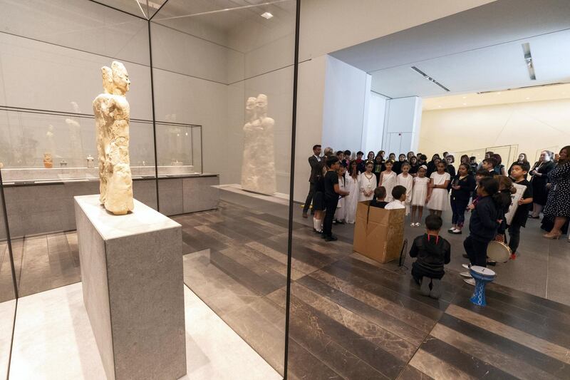 Abu Dhabi, United Arab Emirates - December 04, 2019: Repton School, Abu Dhabi. The Young Guides programme sees school children from across the UAE take part in a 6-week long programme to learn about a select group of objects from the museumÕs permanent collection and receive special training from Louvre AbuDhabiÕs Education team, who teach them how to present and educate a museum-going audience about artistic objects. Wednesday, December 4th, 2019. Louvre, Abu Dhabi. Chris Whiteoak / The National