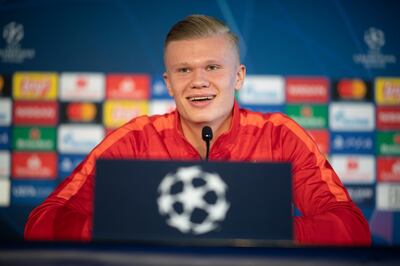 epa08056910 Salzburg's Erling Haaland attends a press conference in Salzburg, Austria, 09 December 2019. Liverpool FC will face FC Salzburg in their UEFA Champions League group E soccer match on 10 December 2019.  EPA/CHRISTIAN BRUNA