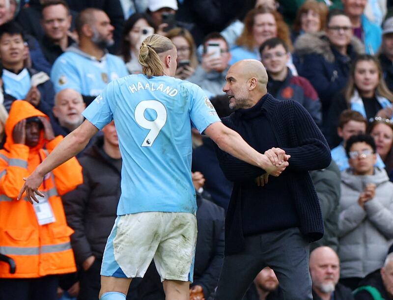 Manchester City's Erling Haaland clashes with manager Pep Guardiola after being substituted. Reuters