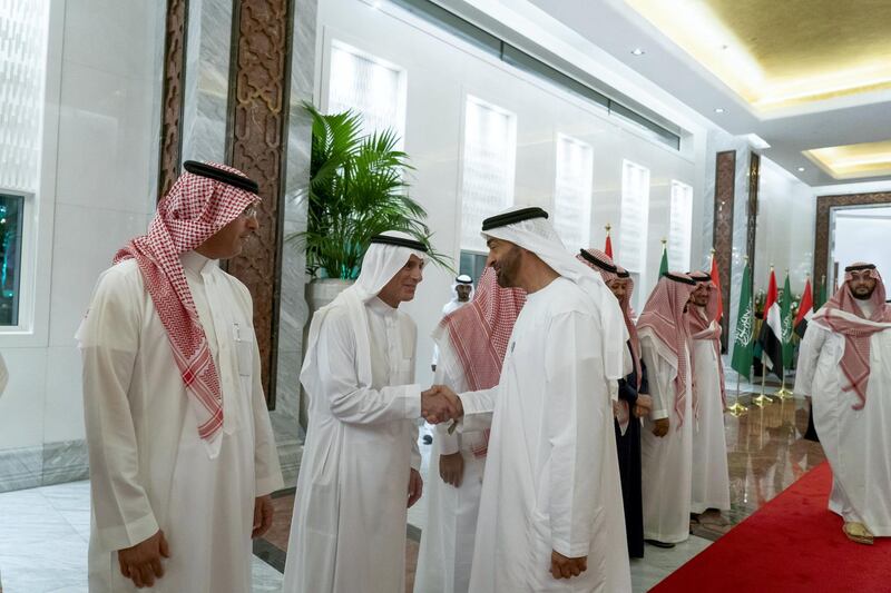 ABU DHABI, UNITED ARAB EMIRATES - November 25, 2018: HH Sheikh Mohamed bin Zayed Al Nahyan, Crown Prince of Abu Dhabi and Deputy Supreme Commander of the UAE Armed Forces (3rd L), bids farewell to HE Adel Al Jubeir Minister of Foreign Affairs of Saudi Arabia (2nd L), at the Presidential Airport.
( Mohamed Al Hammadi / Ministry of Presidential Affairs )
---