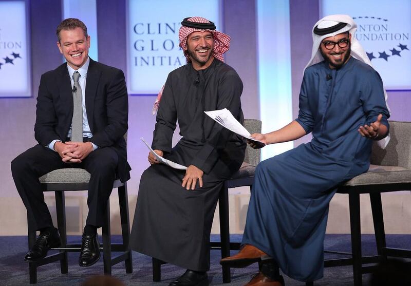 From left: actor Matt Damon and Peeta Planet co-founders Mohamed Al Awadhi and Peyman Al Awadhi at the Clinton Global Initiative in New York. Jemal Countess / Getty Images / AFP