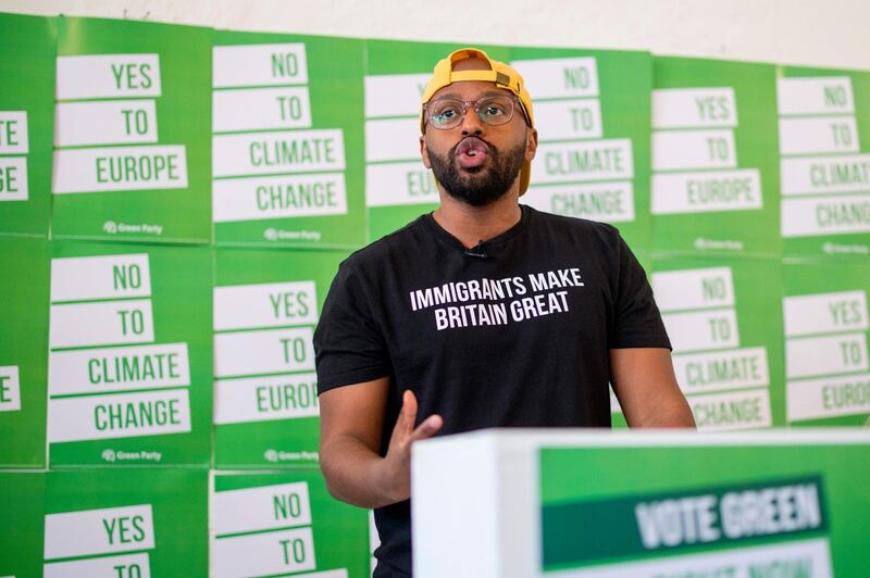 Green Party MEP candidate and former Sheffield Lord Mayor Magid Magid speaks during the launch of the Green Party's European election campaign in central London on May 8, 2019. / AFP / Tolga Akmen
