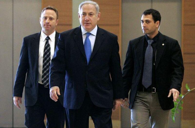 Benjamin Netanyahu, the Israeli prime minister-designate, centre,  arrives for a meeting yesterday at the Knesset, Israel's parliament.