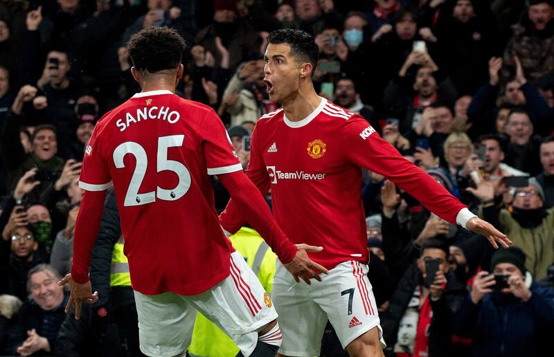 Manchester United's Cristiano Ronaldo celebrates after scoring in the Premier League match against Arsenal on December 2, 2021. EPA
