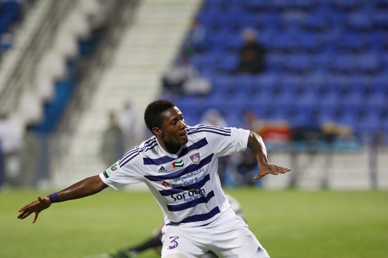 Dubai, United Arab Emirates, Dec 16 2012, Al-Maktoum Stadium Dubai, Al nasr v Al Ain- and Al Ain's#3 Asamoah Gyan celebrates his goal at Al-Maktoum Stadium in Dubai. Mike Young / The National?