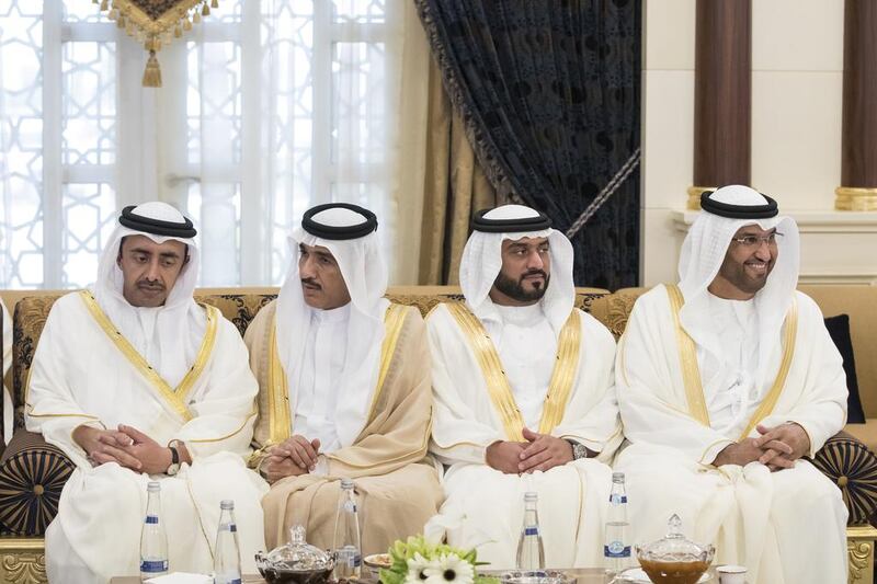 From left: Sheikh Abdullah bin Zayed, Minister of Foreign Affairs and International Cooperation, Ahmed Juma Al Zaabi, Deputy Minister of Presidential Affairs, Sheikh Abdullah bin Mohamed bin Khaled Al Nahyan, Chairman of Al Ain Club Football Company, and Dr Sultan Ahmed Al Jaber, Minister of State, Chairman of Masdar and CEO of Adnoc Group, at Mushrif Palace. Ryan Carter / Crown Prince Court - Abu Dhabi