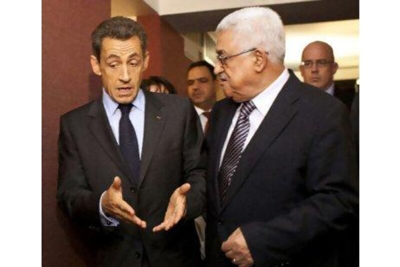 Mahmoud Abbas met the French president, Nicolas Sarkozy, on Tuesday to seek support for a resolution recognising the state of Palestine that the Palestinian president plans to submit to the Security Council tomorrow. Andrew Burton / AP Photo