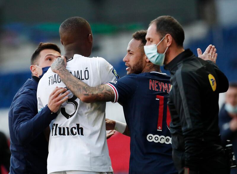 Neymar and Lille's Tiago Djalo after being sent off. Reuters
