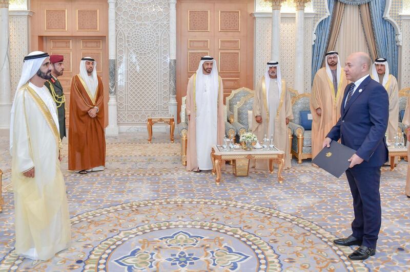 ABU DHABI, 3rd March, 2019 (WAM) -- Sheikh Mohammed bin Rashid Al Maktoum, Vice President, Prime Minister and Ruler of Dubai, today received the credentials of several foreign ambassadors to the UAE at the Presidential Palace in Abu Dhabi. H.H. Sheikh Abdullah bin Zayed Al Nahyan, Minister of Foreign Affairs and International Cooperation, was also present. His Highness received the credentials of diplomatic corps representing Egypt, New Zealand, Czech Republic, Japan, Dominica, Mauritania, Saudi Arabia, Uzbekistan, and Kazakhstan. Wam