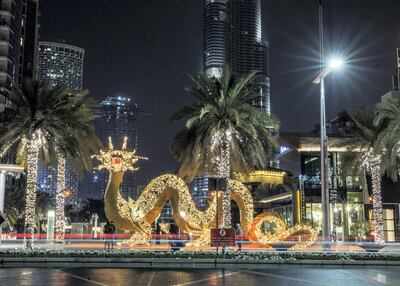 DUBAI, UNITED ARAB EMIRATES -Chinese decorations like this huge dragon at Mohammed bin Rashid boulevard  to celebrate the coming Chinese new year at the Dubai Mall.  Leslie Pableo for The National