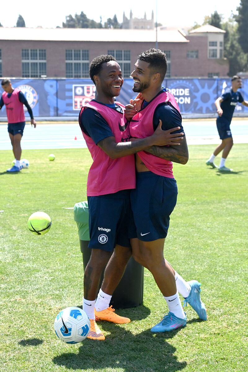 Raheem Sterling and Emerson of Chelsea during a training session at Drake Stadium UCLA Campus in Los Angeles, California. 