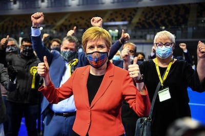 Scotland's First Minister and leader of the Scottish National Party (SNP), Nicola Sturgeon reacts after being declared the winner of the Glasgow Southside seat at Glasgow counting centre in the Emirates Arena in Glasgow on May 7, 2021, during counting for the Scottish parliament elections.  / AFP / Andy Buchanan
