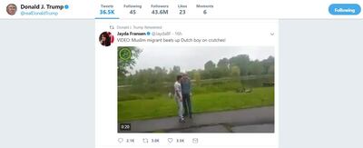 A screengrab showing Donald Trump's Twitter account retweeting an anti-Muslim post by Britain First deputy Jayda Fransen.