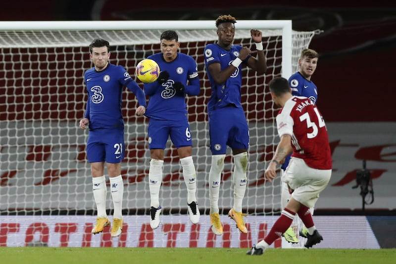 Arsenal's Granit Xhaka scores from a free-kick to make it 2-0. EPA