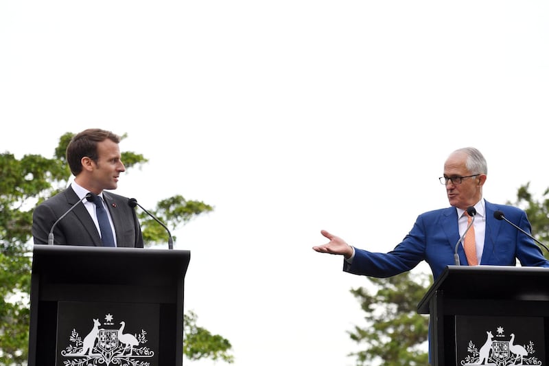 epa06705807 President of France Emmanuel Macron (L) and Australian Prime Minister Malcolm Turnbull (R) speak during a joint press conference at Kirribilli House in Sydney, Australia, 02 May 2018. President of France Emmanuel Macron is on an official visit to Australia until 03 May.  EPA/MICK TSIKAS  AUSTRALIA AND NEW ZEALAND OUT