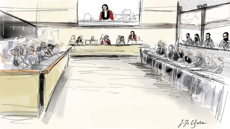 A sketch shows Belgian federal public prosecutor Paule Somers at the trial of those convicted of the terrorist attacks of March 22, 2016, at the Brussels-Capital Assizes Court on September 4. AFP