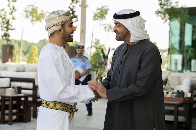 President Sheikh Mohamed bids farewell to Oman's Theyazin bin Haitham at Al Shati Palace