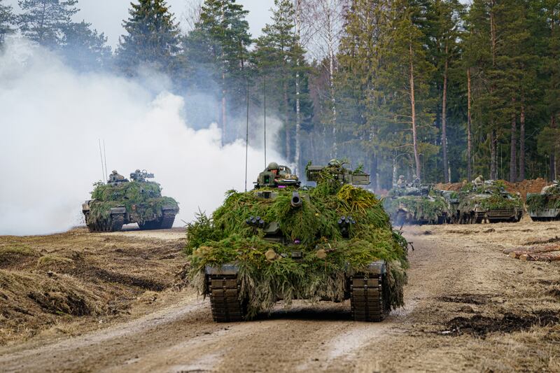 British Challenger 2 tanks on exercise in Estonia alongside Estonian, Danish and French forces. Nato countries are looking to increase defence budgets following Russia's invasion of Ukraine. PA