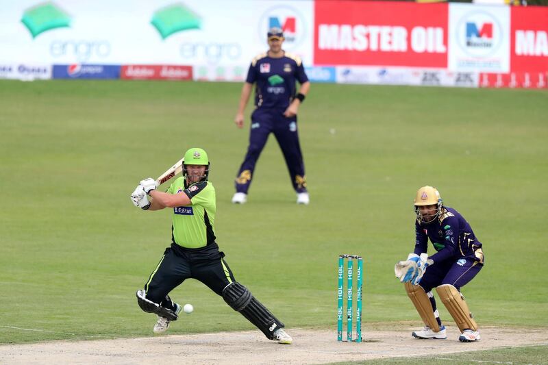 Sharjah, United Arab Emirates - February 23, 2019:  Lahore's Corey Anderson bats during the game between Lahore Qalandars and Quetta Gladiators in the Pakistan Super League. Saturday the 23rd of February 2019 at Sharjah Cricket Stadium, Sharjah. Chris Whiteoak / The National
