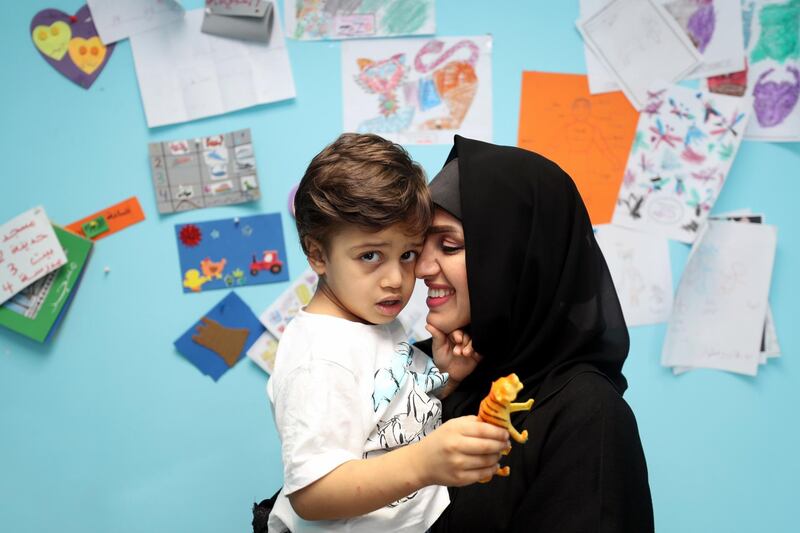 Fujairah, United Arab Emirates - April 5th, 2018: Zahia bin Zayed and her son 3-year-old Mohamed Hedi, at the Dimensions Centre which helps kids with special needs. Thursday, April 5th, 2018 at Dimensions Centre, Fujairah. Chris Whiteoak / The National