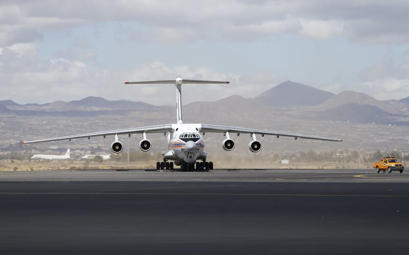 A Russian cargo plane delivering humanitarian aid lands in 2015. Sanaa International Airport has been largely closed for the past six years, due to the war in Yemen. Reuters