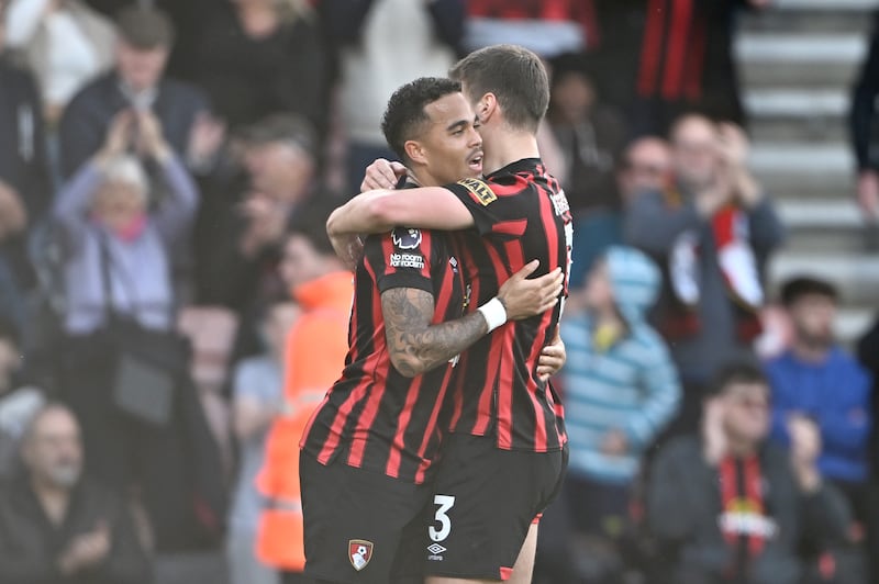 Justin Kluivert of AFC Bournemouth celebrates scoring his team's second goal with teammate Milos Kerkez. Getty Images