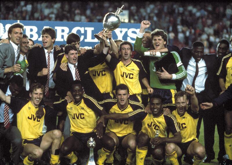 26 May 1989 Football League Division One - Liverpool v Arsenal  The Arsenal team celebrate winning the title, on the Anfield pitch. (Photo by Mark Leech/Getty Images)
