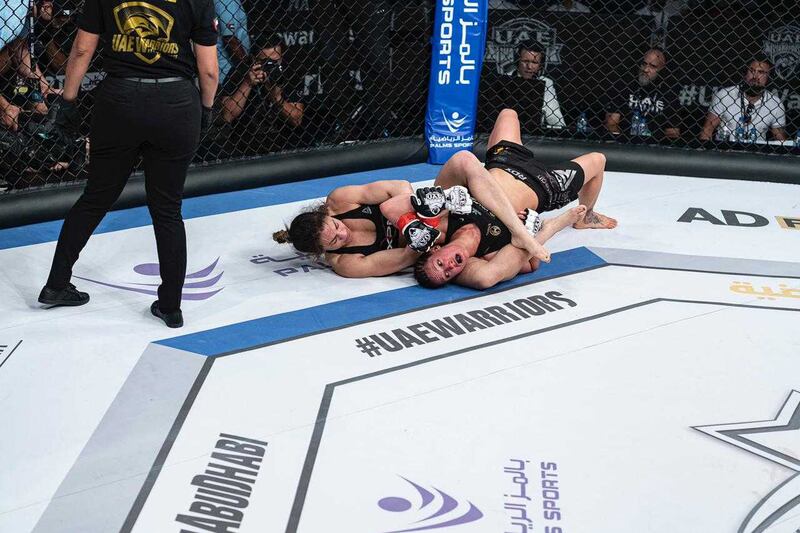 Corinne Laframboise has Malin Hermansson in a submissive hold in the UAE Warriors-18 female catchweight 58kg contest at the Jiu-Jitsu Arena on Saturday, March 20, 2021. Courtesy Palms Sports
