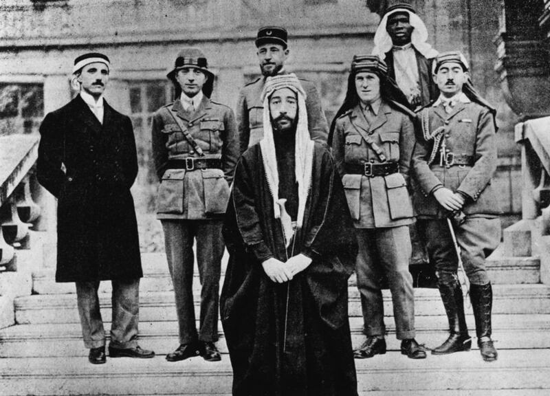 The Emir Faisal, king of the Helaz, who would become King Faisal I of Iraq, centre, at the 1919 Peace Conference in Paris. Behind him to the right is T E Lawrence (Lawrence of Arabia). Hulton Archive / Getty Images

