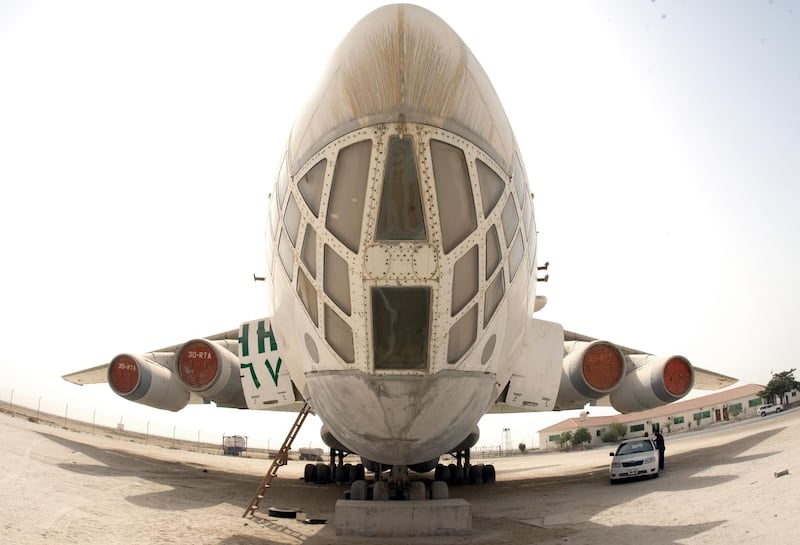 Umm al Quwain - August 4, 2009 - A cargo plane once owned by former arms dealer Victor Bout in a lot along the coastal highway near Umm al Quwain, August 4, 2009. (Photo by Jeff Topping/The National) *** Local Caption ***  JT007-0804-AIRPLANE_F8Q4322.jpg