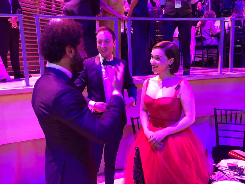 Mohamed Salah meets with actress Emilia Clarke at the Time 100 event in New York. Mohamed Salah / Twitter