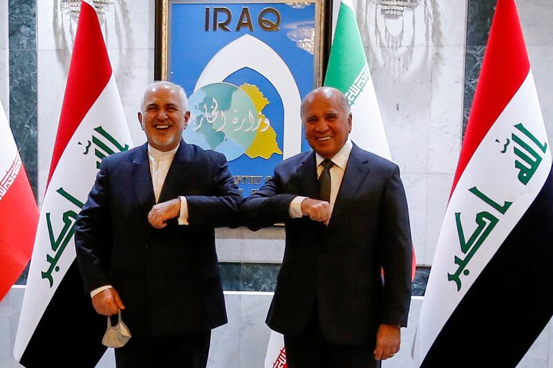 Mr Zarif and Mr Hussein in Baghdad. Mr Zarif was scheduled to meet other senior Iraq officials in Baghdad and the northern Kurdish region during the visit. Reuters