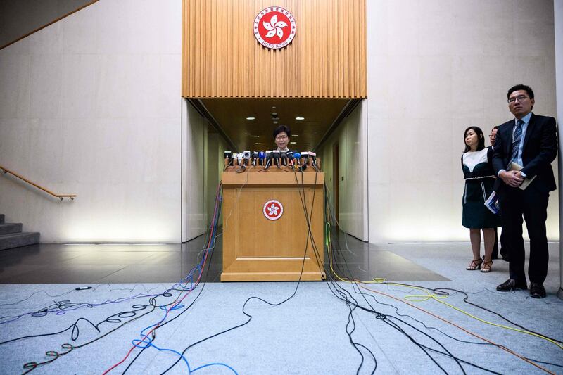 Hong Kong chief executive Carrie Lam speaks during her weekly address at the government headquarters in Hong Kong. Anthony Wallace/AFP