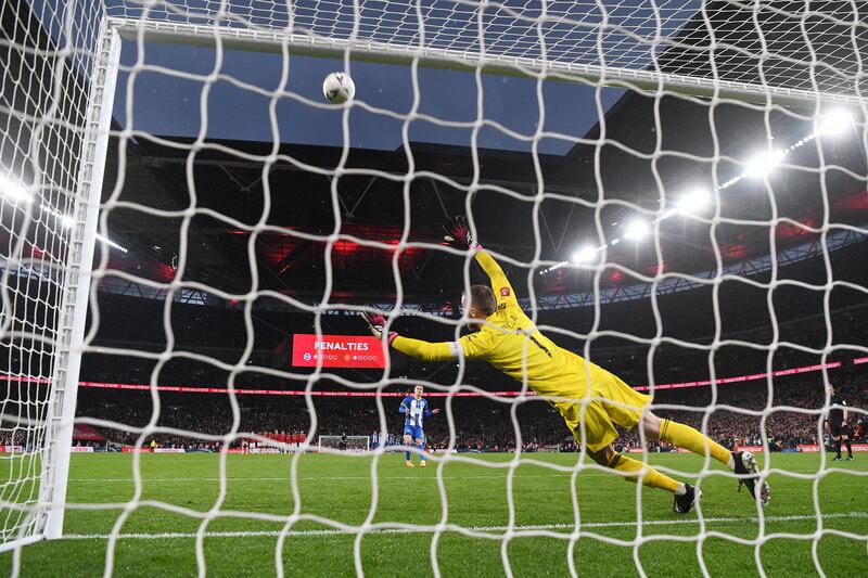Solly March of Brighton & Hove Albion misses the team's seventh penalty in the shootout. Getty 