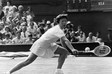 Billie Jean King in action against Ann Jones of Great Britain during their Wightman Cup match at Wimbledon on June 14, 1970. Getty Images