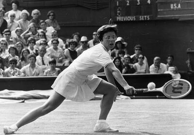 14th June 1970:  American tennis player Billie Jean King in action against Ann Jones of Great Britain during their Wightman Cup match at Wimbledon.  (Photo by Ted West/Central Press/Getty Images)
